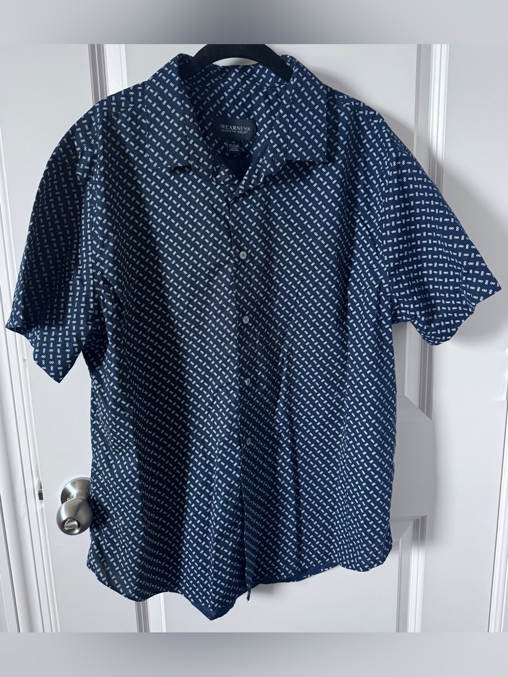 Awareness-Kenneth Cole Men's Navy Short-Sleeve Button-Up Shirt-XL
